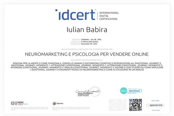 Certificato iDCERT Neuromarketing — Iulian Babira